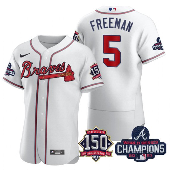 Men's Atlanta Braves #5 Freddie Freeman 2021 White World Series Champions With 150th Anniversary Flex Base Stitched Jersey Men's Atlanta Braves #5 Freddie Freeman 2021 White World Series Champions With 150th Anniversary Flex Base Stitched Jersey